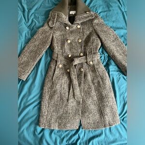 Calvin Klein Womens Gold Button Belted Gray Peacoat short Coat